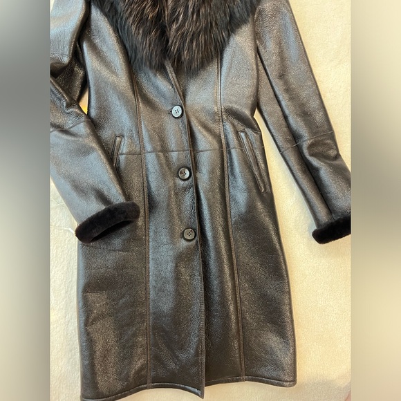 Brown Black Real leather and Real Fur Maxi Coat - Picture 6 of 15